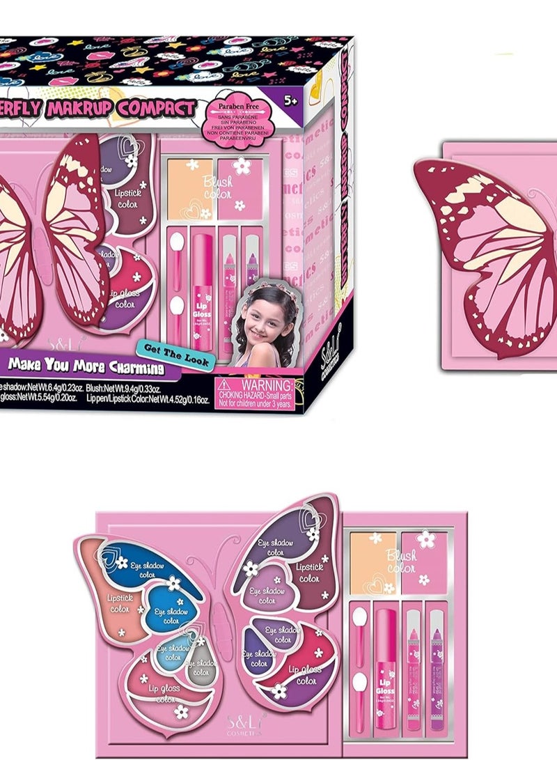 أس آند لي مجموعة مكياج للفتيات الصغيرات على شكل فراشة وصديقة للبيئة، مجموعة لعب تظاهرية لمستحضرات التجميل، لعبة الأميرة - Image 1
