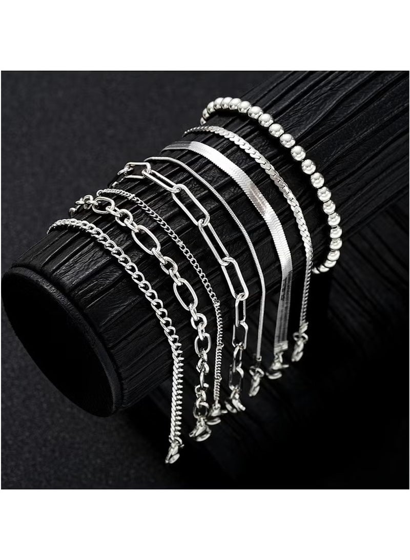 Huitich Elegant 8-Piece Silver Bracelet Set for Women – Adjustable & Layered Chain Designs  - Image 5