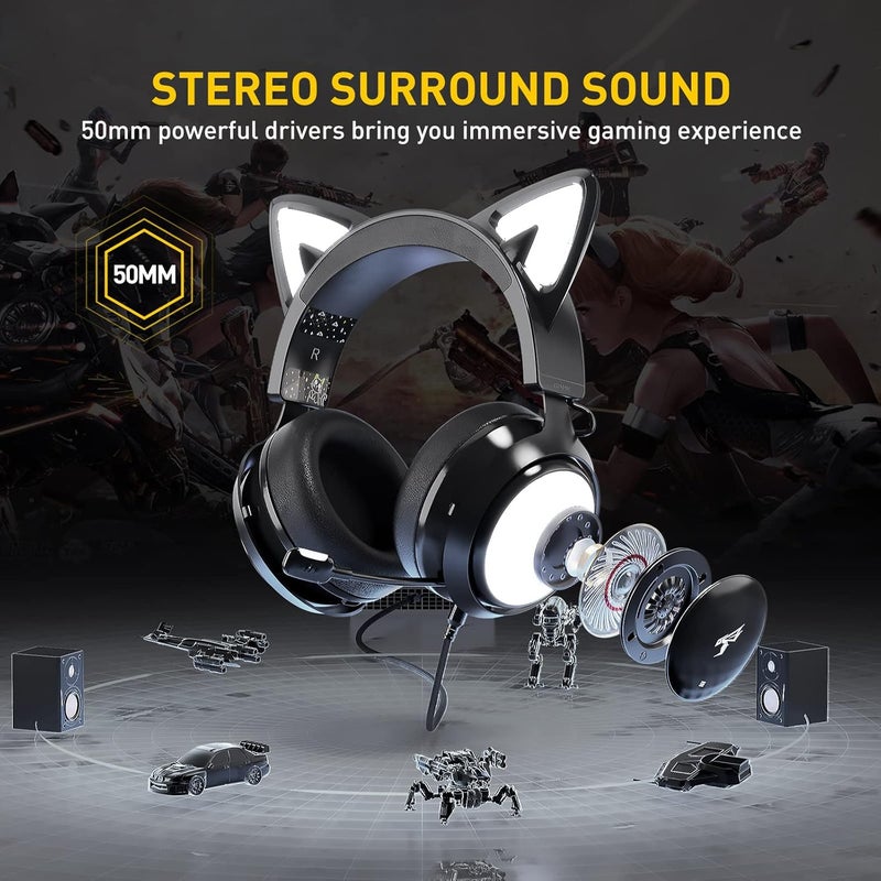 Somic GS510 Cat Headset, 3.5mm Wired Headphones with Retractable Mic Noise Cancelling, for Xbox One, PS5, PS4, PC, Black - Image 3