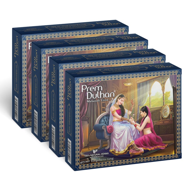 Prem Dulhan Hand Designing  Without Chemical  Long Lasting  For Men Women  Of 12 Pieces  Natural Mehandi Cone  350 GRM Blue Pack of 4 - Image 1