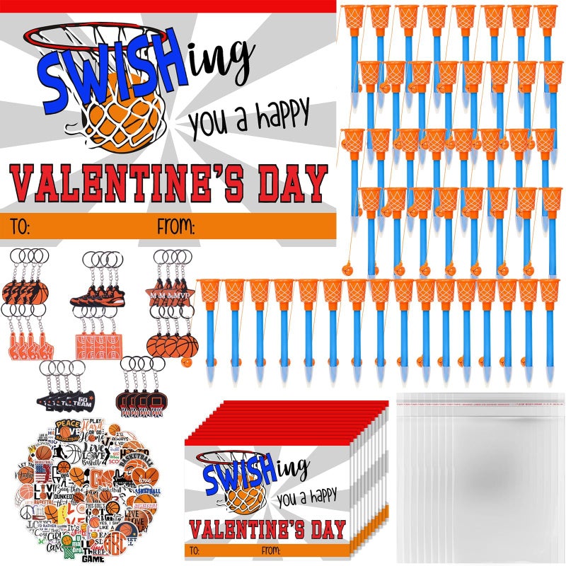 Gosodeny 48 Pack Basketball Party Favor Set with Mini Hoop Pens Keychains Stickers Exchange Cards and Gift Bags Bulk Gifts Sports Birthday Goodie Bag Fillers for Adult - Image 3