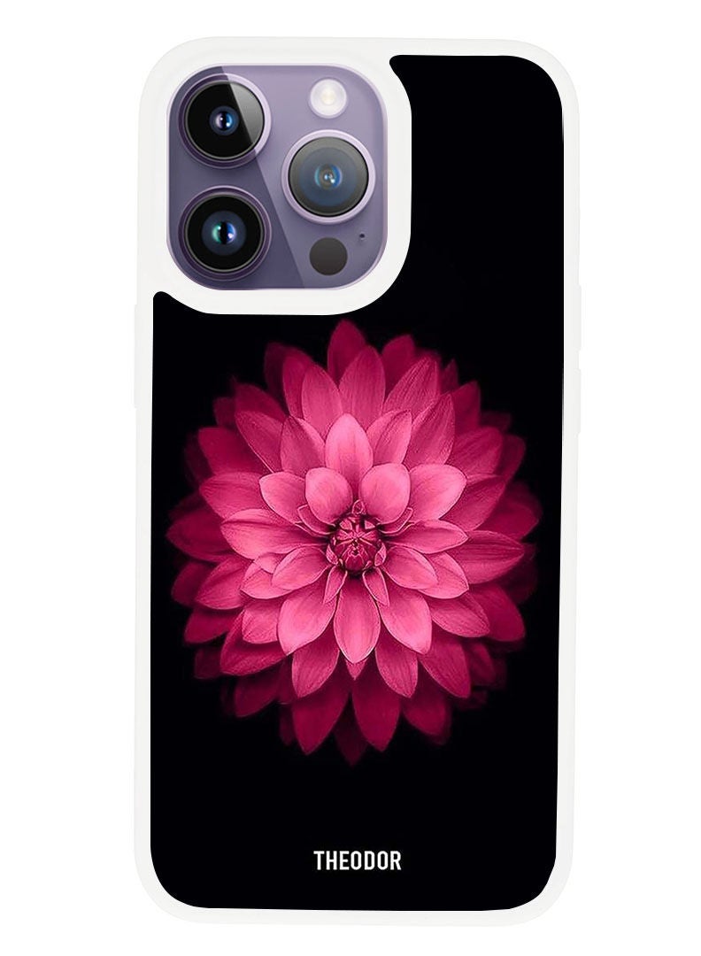 Theodor Protective Case Anti Scratch Shock Proof Cover For APPLE IPHONE 14 PRO Pink Flower At Center (White Bumper) - Image 1