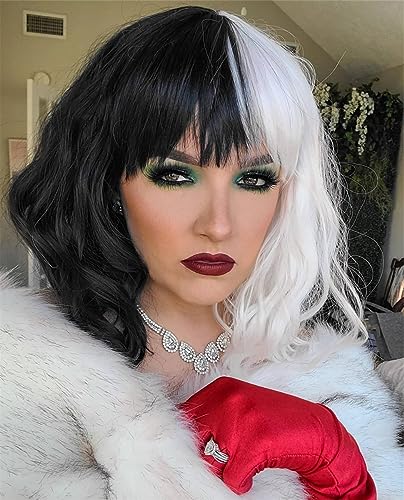 Juziviee Cruella Deville Wig - Black and White, Short Wavy Wig for Women's Cruella Costume Party - JZ001BW - Image 2