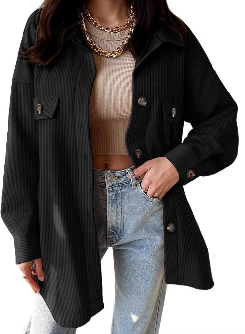 VICHYIE Womens Shirts Shacket Casual Long Sleeve Corduroy Lapel Oversized Button Down Blouses Tops Jacket Coat Black M - Image 1