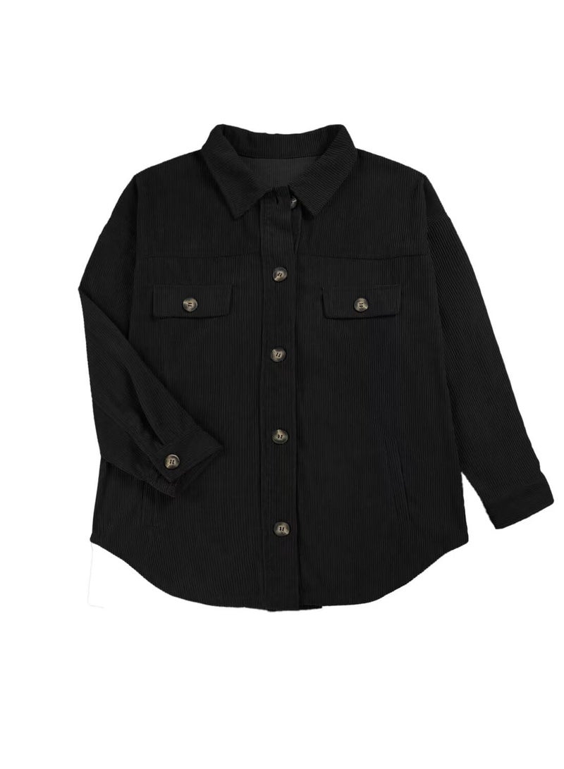 VICHYIE Womens Shirts Shacket Casual Long Sleeve Corduroy Lapel Oversized Button Down Blouses Tops Jacket Coat Black M - Image 2