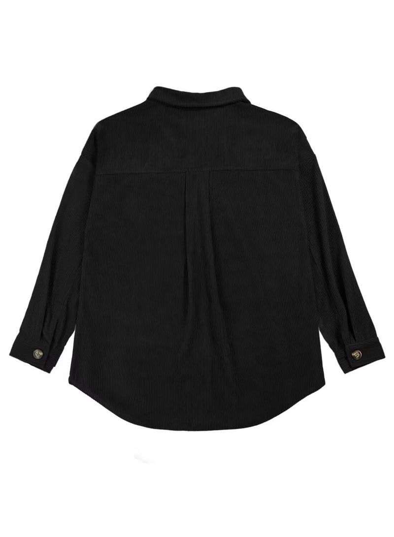 VICHYIE Womens Shirts Shacket Casual Long Sleeve Corduroy Lapel Oversized Button Down Blouses Tops Jacket Coat Black M - Image 3
