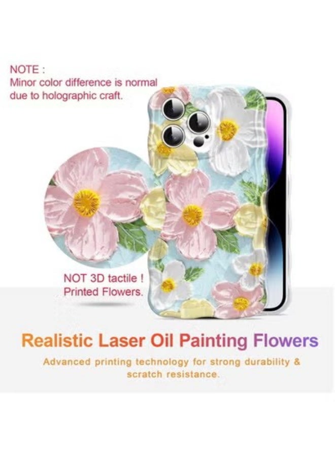 X-level iPhone 16 Pro Max Cover Case, Colorful Retro Oil Painting Printed Flower Laser Glossy Pattern Cute Curly Wave Edge Exquisite, Stylish Durable TPU Protective Phone Cover for Girls - Image 3