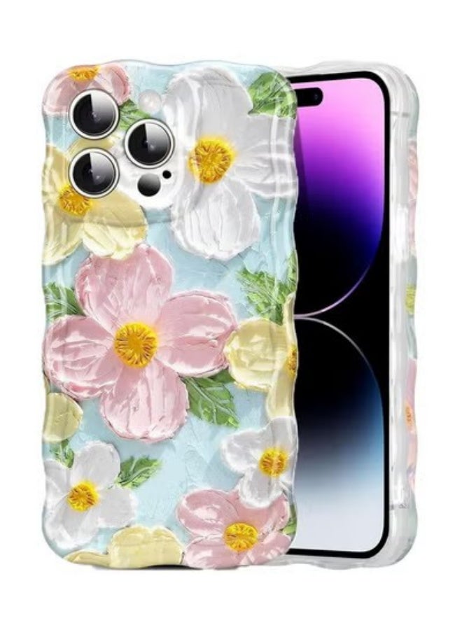 X-level iPhone 16 Pro Max Cover Case, Colorful Retro Oil Painting Printed Flower Laser Glossy Pattern Cute Curly Wave Edge Exquisite, Stylish Durable TPU Protective Phone Cover for Girls - Image 1