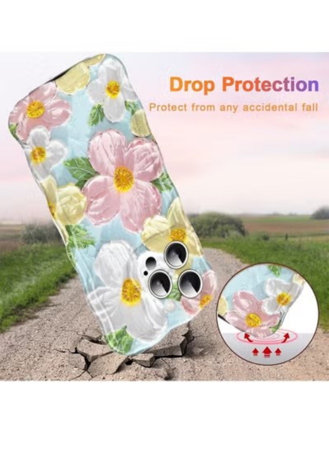 X-level iPhone 16 Pro Max Cover Case, Colorful Retro Oil Painting Printed Flower Laser Glossy Pattern Cute Curly Wave Edge Exquisite, Stylish Durable TPU Protective Phone Cover for Girls - Image 4