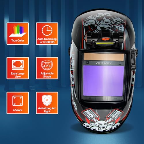 TRQWH Large View 3.94" x 3.15" Welding Helmet Auto Darkening Welding Hood with LED Light Solar Powered True Color 4 Arc Sensor Welding Mask Wide Shade 4/5-9/9-13 Weld Helmet with Grinding (KTS-QLS03) - Image 2