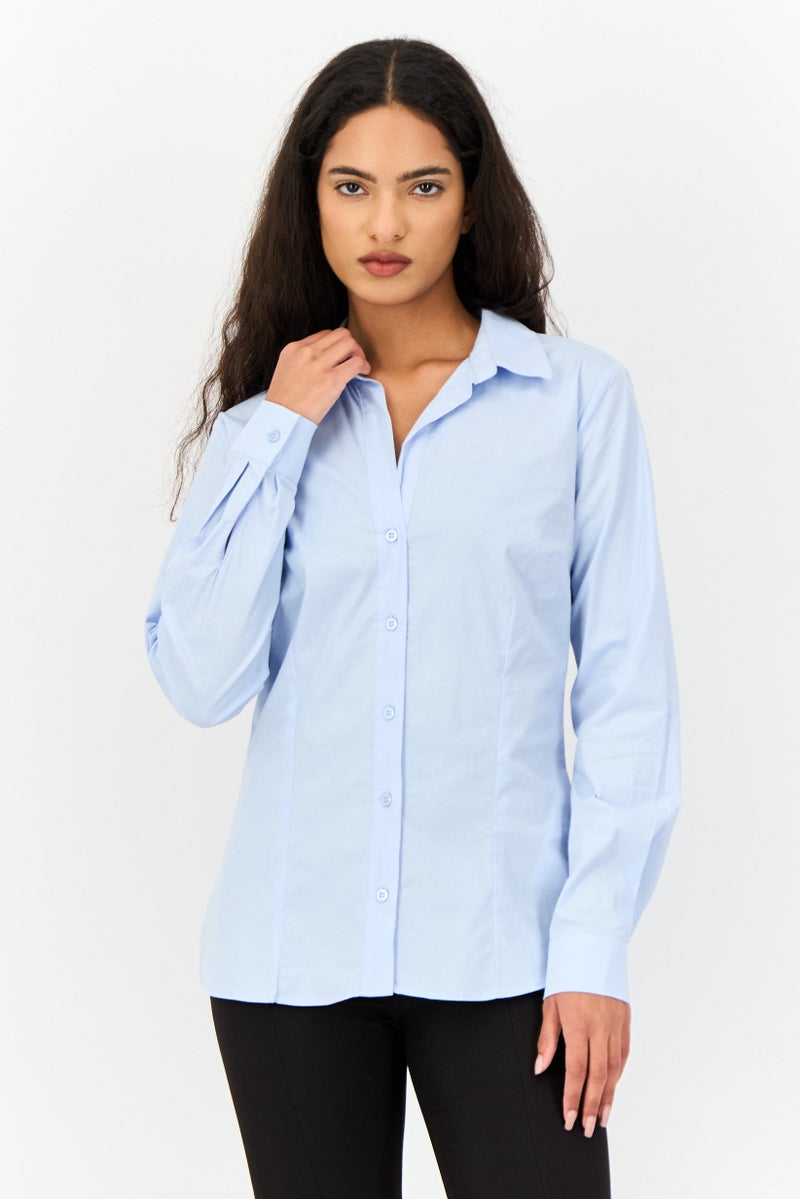 KOTON قميص نسائي بأكمام طويلة وياقة مدببة، أزرق فاتح - Image 1
