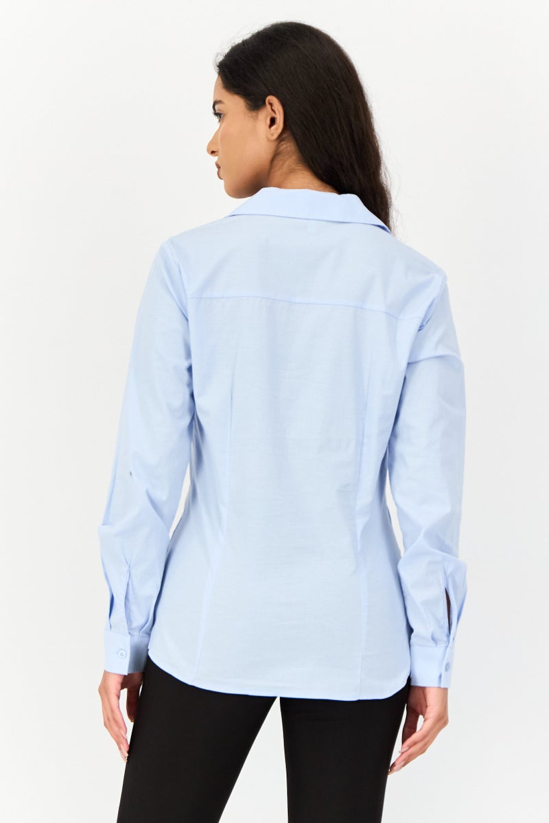 KOTON قميص نسائي بأكمام طويلة وياقة مدببة، أزرق فاتح - Image 2