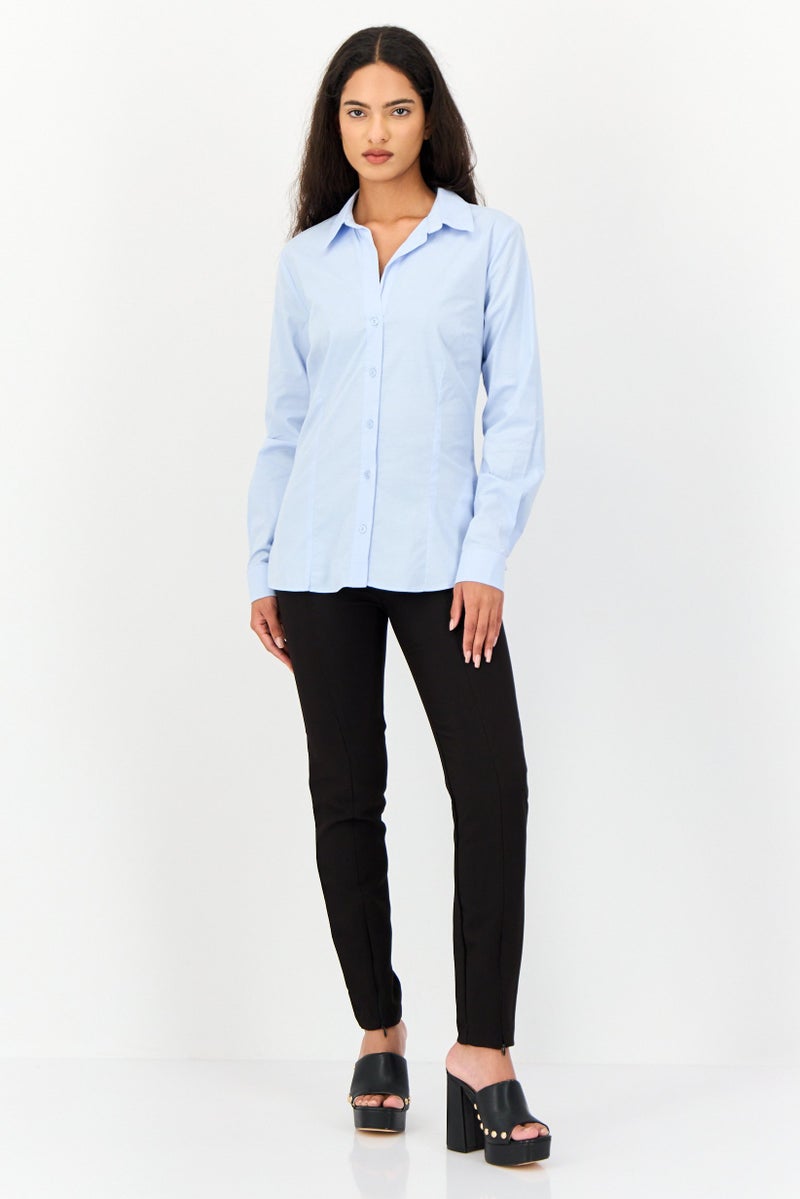 KOTON قميص نسائي بأكمام طويلة وياقة مدببة، أزرق فاتح - Image 3