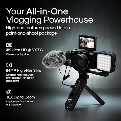 Minolta 64MP 4K60FPS VLOG Camera Kit – Digital Autofocus Camcorder with Tripod, Remote, Mic, LED Light, 3-inch LCD Screen, Time-Lapse, Slow Motion, Wide Angle Lens, 32GB Card, USB - Image 3