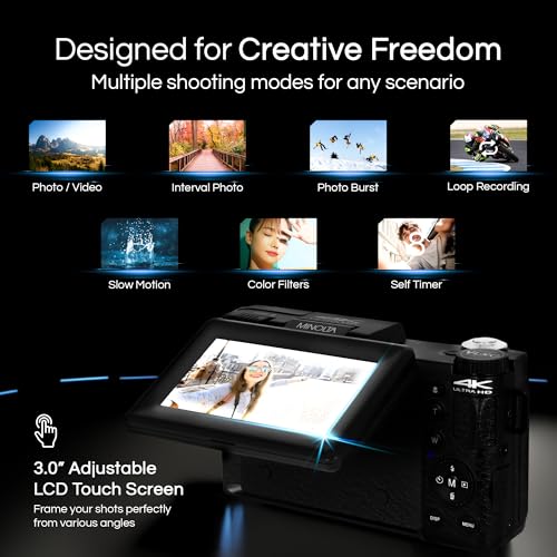 Minolta 64MP 4K60FPS VLOG Camera Kit – Digital Autofocus Camcorder with Tripod, Remote, Mic, LED Light, 3-inch LCD Screen, Time-Lapse, Slow Motion, Wide Angle Lens, 32GB Card, USB - Image 4