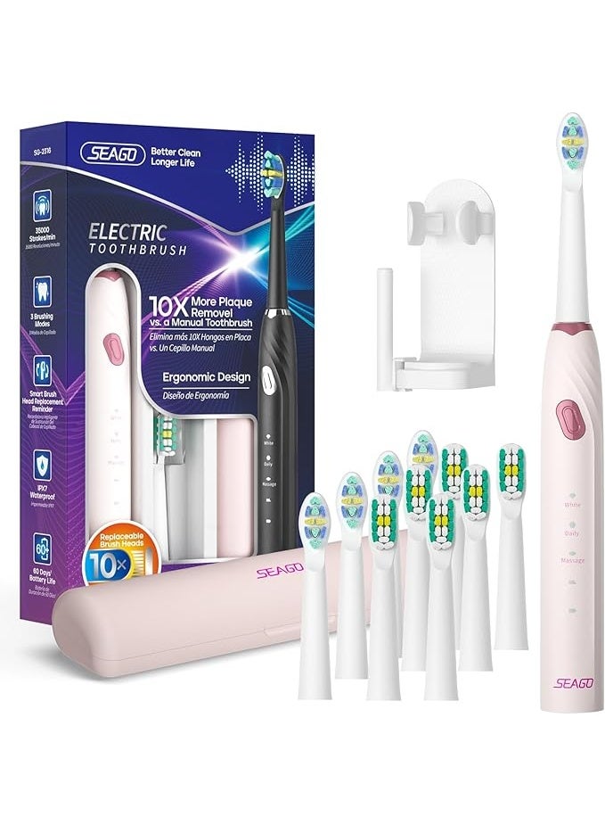 SEAGO Electric Toothbrush with 10 Brush Heads,Travel with Travel Case and Holder,Smart Timer for Adults,SG-2316(Pink) - Image 1