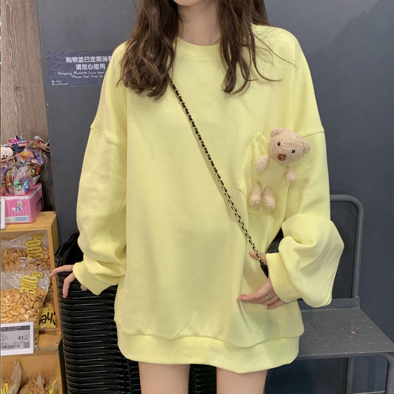 Autumn and Winter New Korean Style Loose Design Sense Cute Bear Large Version Coat Long Sleeve T-Shirt Thin Sweater for Women Yellow - Image 1
