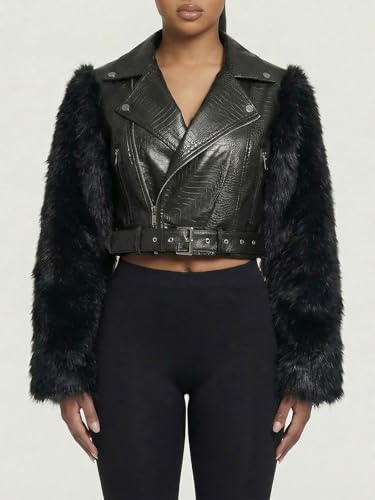 Akmipoem Leather Jacket Women Cropped PU Moto Coat Faux Fur Sleeve Short Biker Jackets Fall Streetwear with Belt Black XL - Image 4