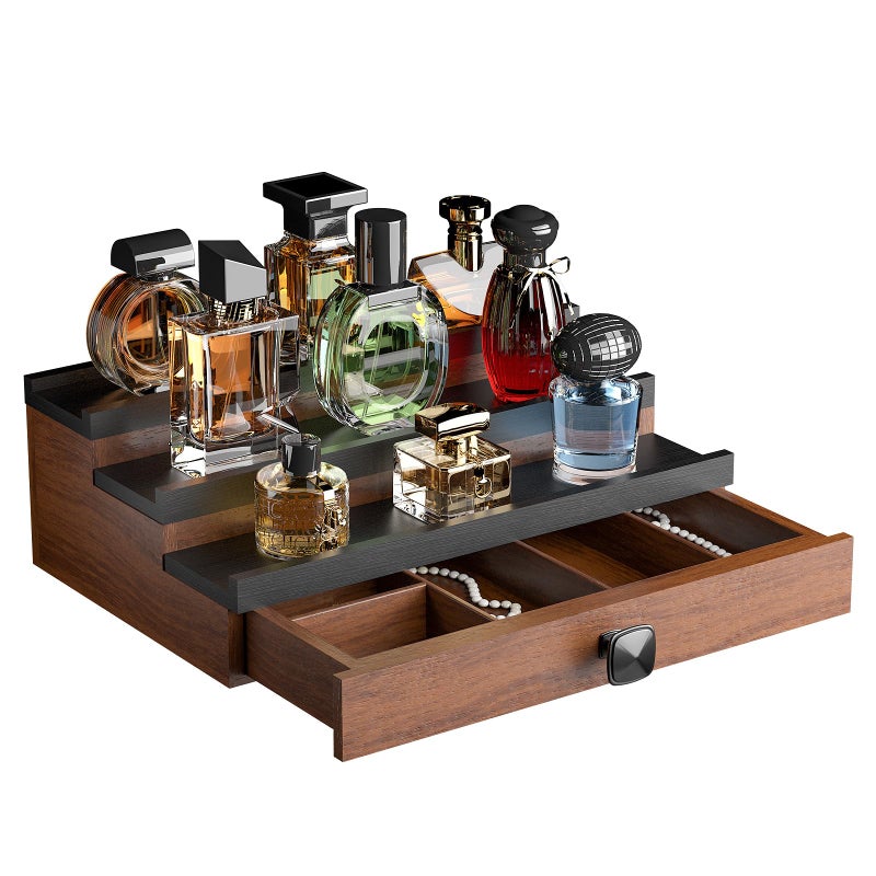 TIRYIUOU Cologne Organizer for Men: with Drawer, 3 Tier Wooden Cologne Stand Desktop Perfume Display Shelf, Bedroom Dresser Makeup Lotion Jewelry Storage Organizer ï»¿ - Image 1