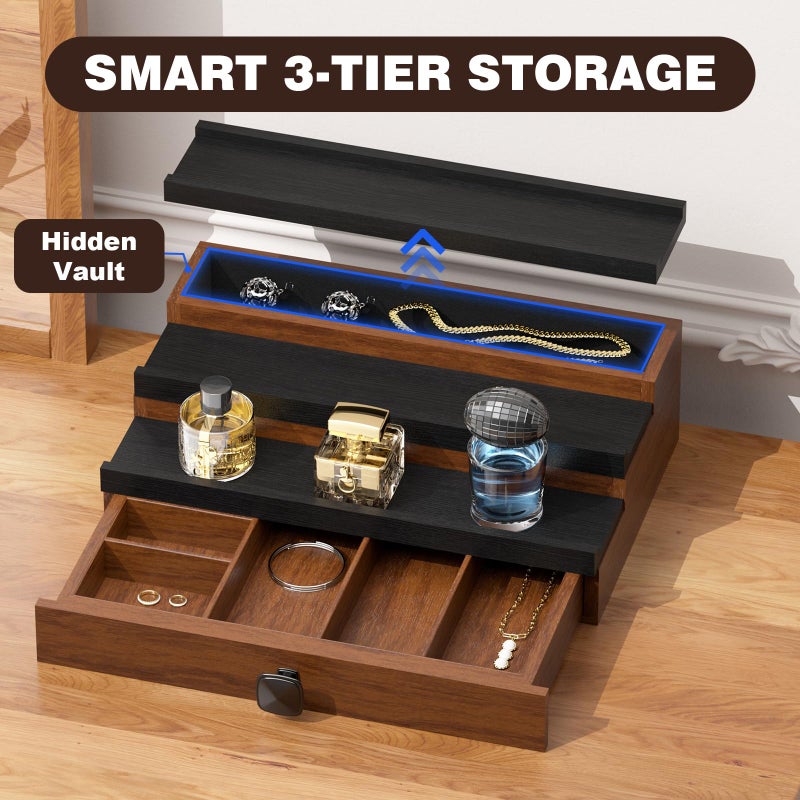 TIRYIUOU Cologne Organizer for Men: with Drawer, 3 Tier Wooden Cologne Stand Desktop Perfume Display Shelf, Bedroom Dresser Makeup Lotion Jewelry Storage Organizer ï»¿ - Image 2