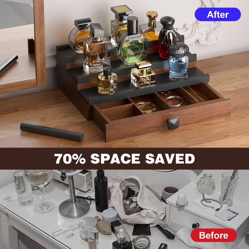 TIRYIUOU Cologne Organizer for Men: with Drawer, 3 Tier Wooden Cologne Stand Desktop Perfume Display Shelf, Bedroom Dresser Makeup Lotion Jewelry Storage Organizer ï»¿ - Image 4