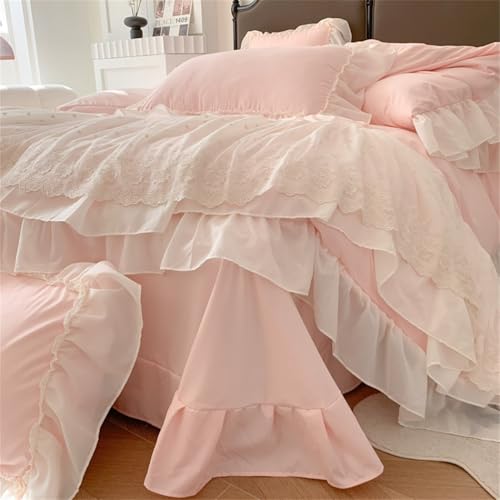 IHOUSTRIY Lace Duvet Cover Twin Size, Chiffon Ruffled Beddding Set with Flower, 2 Pieces Comforter Cover Set with Zipper Closure, Girl Princess Bedding with Pillowcase - Pink, Twin - Image 5