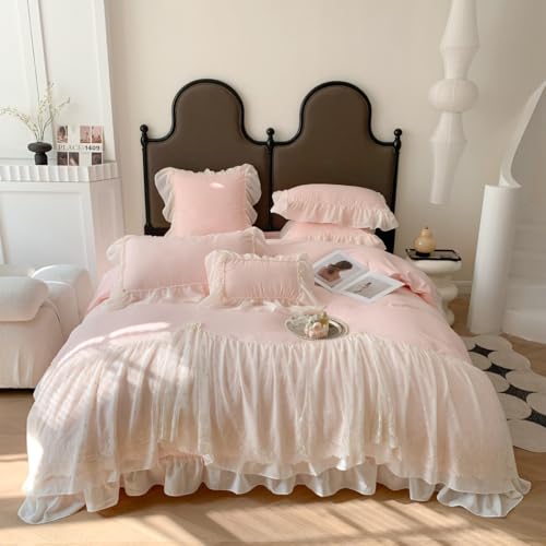 IHOUSTRIY Lace Duvet Cover Twin Size, Chiffon Ruffled Beddding Set with Flower, 2 Pieces Comforter Cover Set with Zipper Closure, Girl Princess Bedding with Pillowcase - Pink, Twin - Image 1