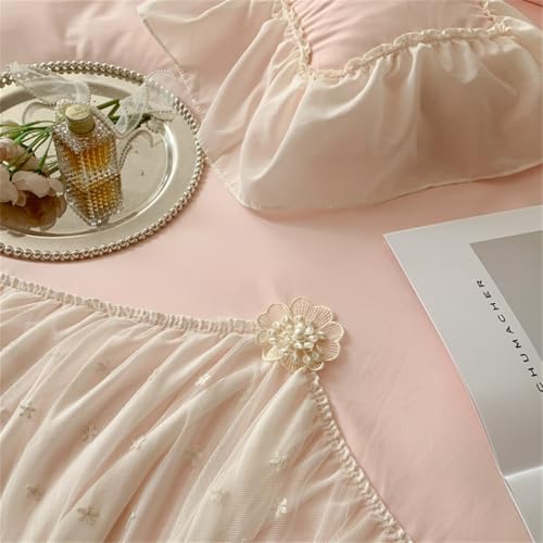 IHOUSTRIY Lace Duvet Cover Twin Size, Chiffon Ruffled Beddding Set with Flower, 2 Pieces Comforter Cover Set with Zipper Closure, Girl Princess Bedding with Pillowcase - Pink, Twin - Image 4