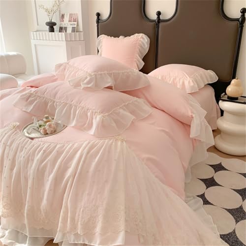 IHOUSTRIY Lace Duvet Cover Twin Size, Chiffon Ruffled Beddding Set with Flower, 2 Pieces Comforter Cover Set with Zipper Closure, Girl Princess Bedding with Pillowcase - Pink, Twin - Image 3