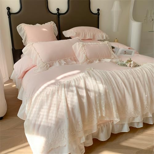 IHOUSTRIY Lace Duvet Cover Twin Size, Chiffon Ruffled Beddding Set with Flower, 2 Pieces Comforter Cover Set with Zipper Closure, Girl Princess Bedding with Pillowcase - Pink, Twin - Image 2