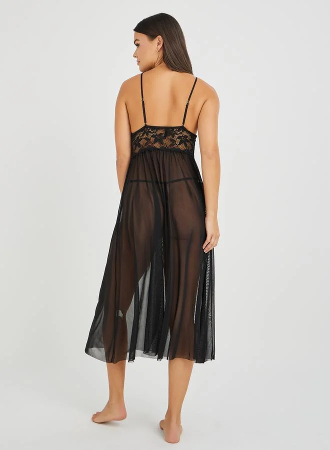 Styli Styli Lace Detail High Slit Mesh Slip Dress with Briefs
