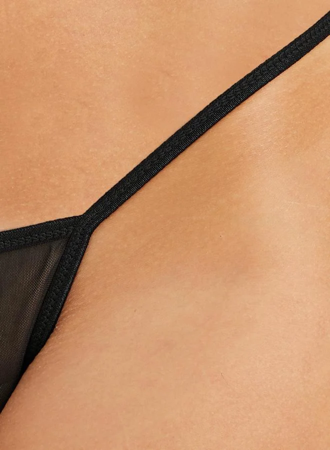 Styli Styli Lace Detail High Slit Mesh Slip Dress with Briefs