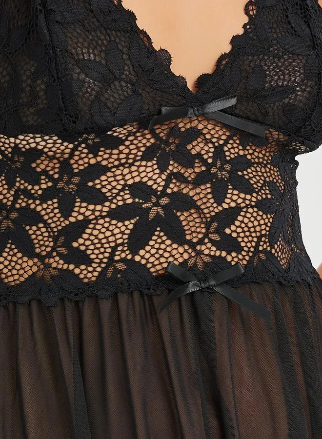 Styli Styli Lace Detail High Slit Mesh Slip Dress with Briefs