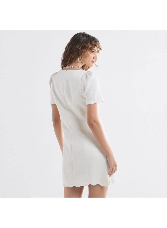 Splash FAV Textured Scallop Hem Mini Dress with Short Sleeves and Square Neck  - Image 3