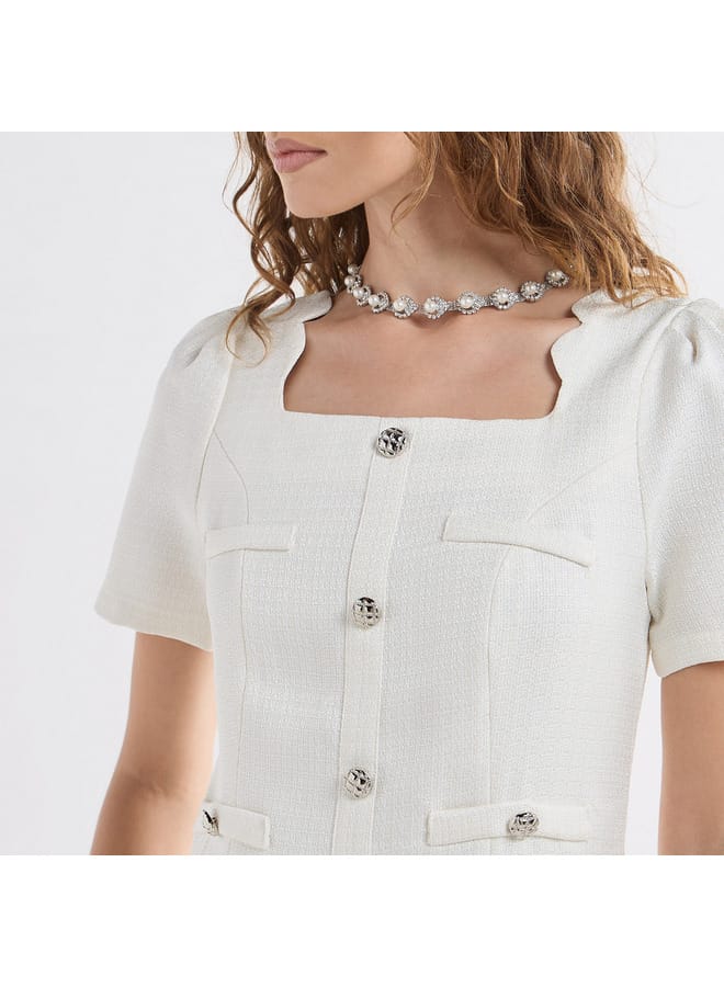 Splash FAV Textured Scallop Hem Mini Dress with Short Sleeves and Square Neck  - Image 4