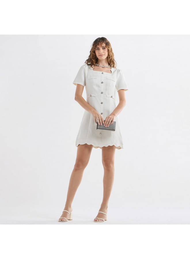 Splash FAV Textured Scallop Hem Mini Dress with Short Sleeves and Square Neck  - Image 2