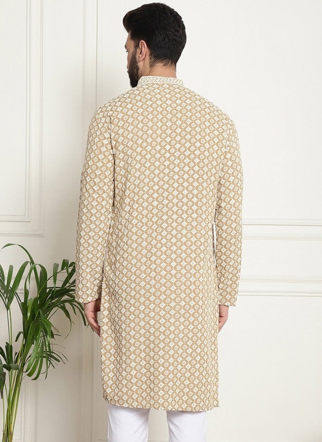 Sojanya Beige Ethnic Motifs Cotton Kurta for Men - Image 5