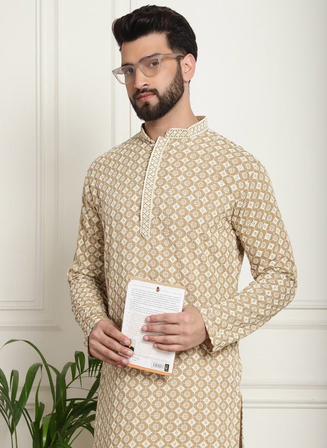 Sojanya Beige Ethnic Motifs Cotton Kurta for Men - Image 1