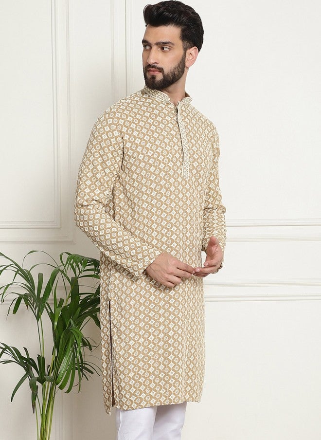 Sojanya Beige Ethnic Motifs Cotton Kurta for Men - Image 3