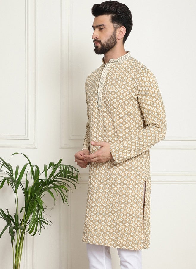 Sojanya Beige Ethnic Motifs Cotton Kurta for Men - Image 4