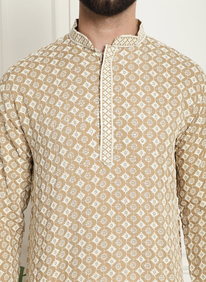 Sojanya Beige Ethnic Motifs Cotton Kurta for Men - Image 2