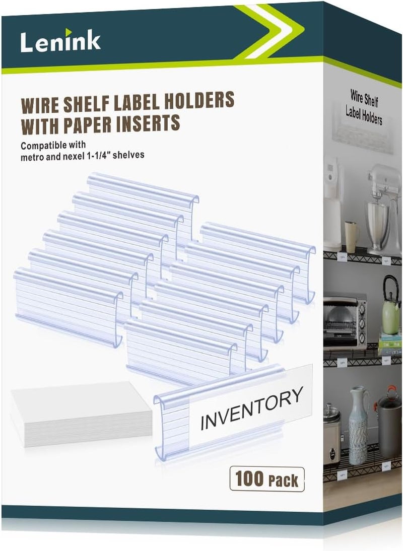 Lenink 100Pcs Wire Shelf Label Holders with 100Pcs Label Paper Inserts, Plastic Wire Rack Label Holder Compatible with Metro and Nexel 1-1/4in Shelves, Label Area 3in Lx1.25in H - Image 1