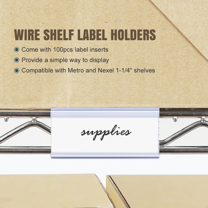 Lenink 100Pcs Wire Shelf Label Holders with 100Pcs Label Paper Inserts, Plastic Wire Rack Label Holder Compatible with Metro and Nexel 1-1/4in Shelves, Label Area 3in Lx1.25in H - Image 4