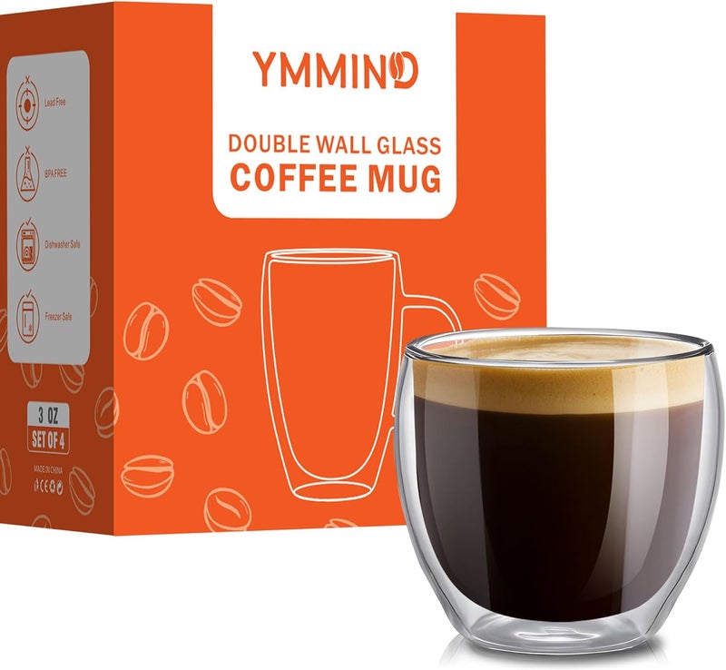 YMMIND Set of 4 Double Walled Glass Coffee Mugs 3 Ounces Insulated Layer Coffee Cups Borosilicate Glass Espresso Cup for Hot Beverage,Cappuccino,Tea,Latte,Wine,Microwave Safe - Image 2