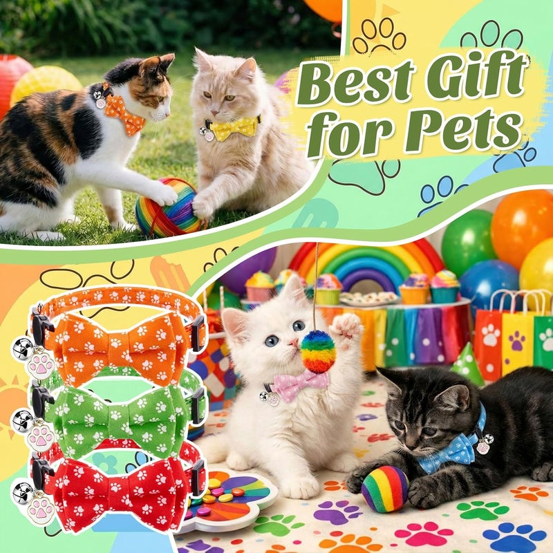 Hsei 6 Pcs Paw Print Cat Collar Bulk with Bow Tie Bell Colorful Kitten Adjustable Breakaway Bowtie Collar for Boy Girl Cats Small Dog Pet Holiday Party Favors Gifts - Image 2
