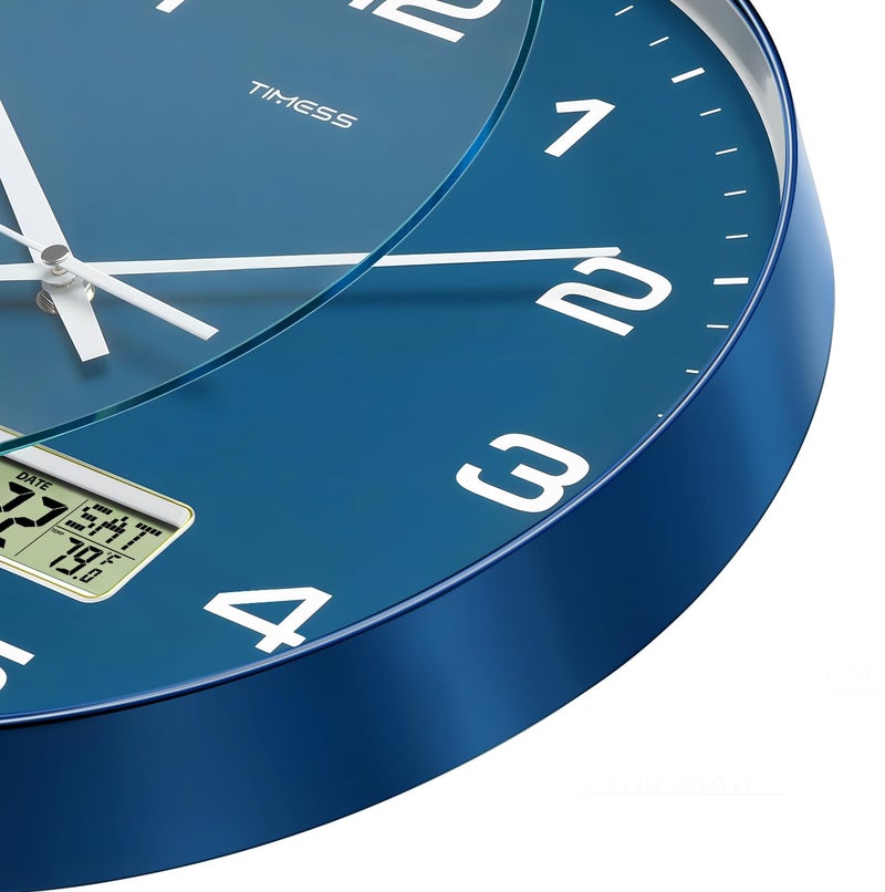 TIMESS Wall Clock, 10" Dial Non-Ticking Silent Battery Operated Analog with LCD Display for Perpetual Calendar and FÂ° Temperature, Ideal Modern Home, Bedroom, Kitchen, Office Decor (Blue) - Image 2