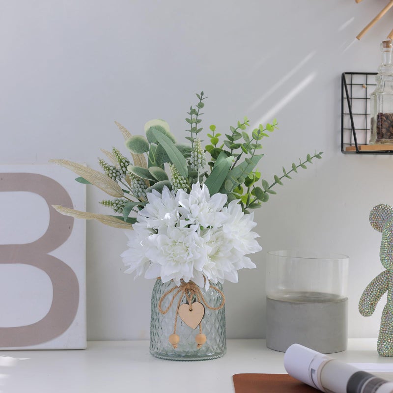 VIERENA Faux Flowers with Vase,Artificial Silk Flowers in Vase, Fake Plant Eucalyptus and Willow,Flower Arrangement for Home Farmhouse kitchen Dining Table Centerpiece Decorations Coffee Table Decor (White) - Image 3