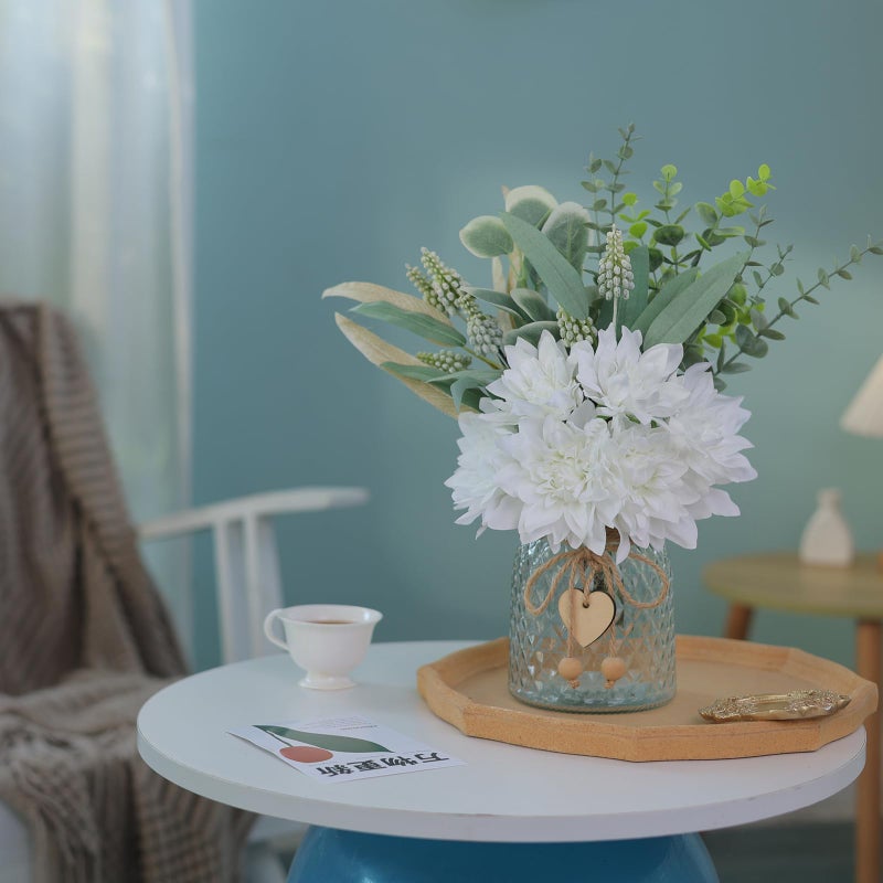 VIERENA Faux Flowers with Vase,Artificial Silk Flowers in Vase, Fake Plant Eucalyptus and Willow,Flower Arrangement for Home Farmhouse kitchen Dining Table Centerpiece Decorations Coffee Table Decor (White) - Image 4