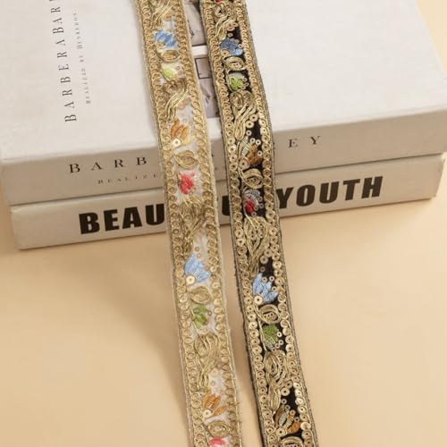 CABODYALS 10 Yards Black Gold Embroidered Ribbon Boho Sequin Beaded Lace Trim Metallic Jacquard Ethnic Applique Woven Fabric Ribbons Bulk for Sewing Making Crafts Curtain Gift Wrapping Clothes Supply - Image 3