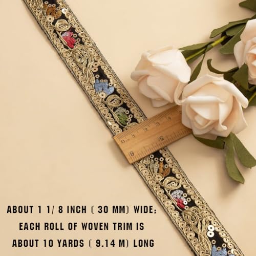 CABODYALS 10 Yards Black Gold Embroidered Ribbon Boho Sequin Beaded Lace Trim Metallic Jacquard Ethnic Applique Woven Fabric Ribbons Bulk for Sewing Making Crafts Curtain Gift Wrapping Clothes Supply - Image 2